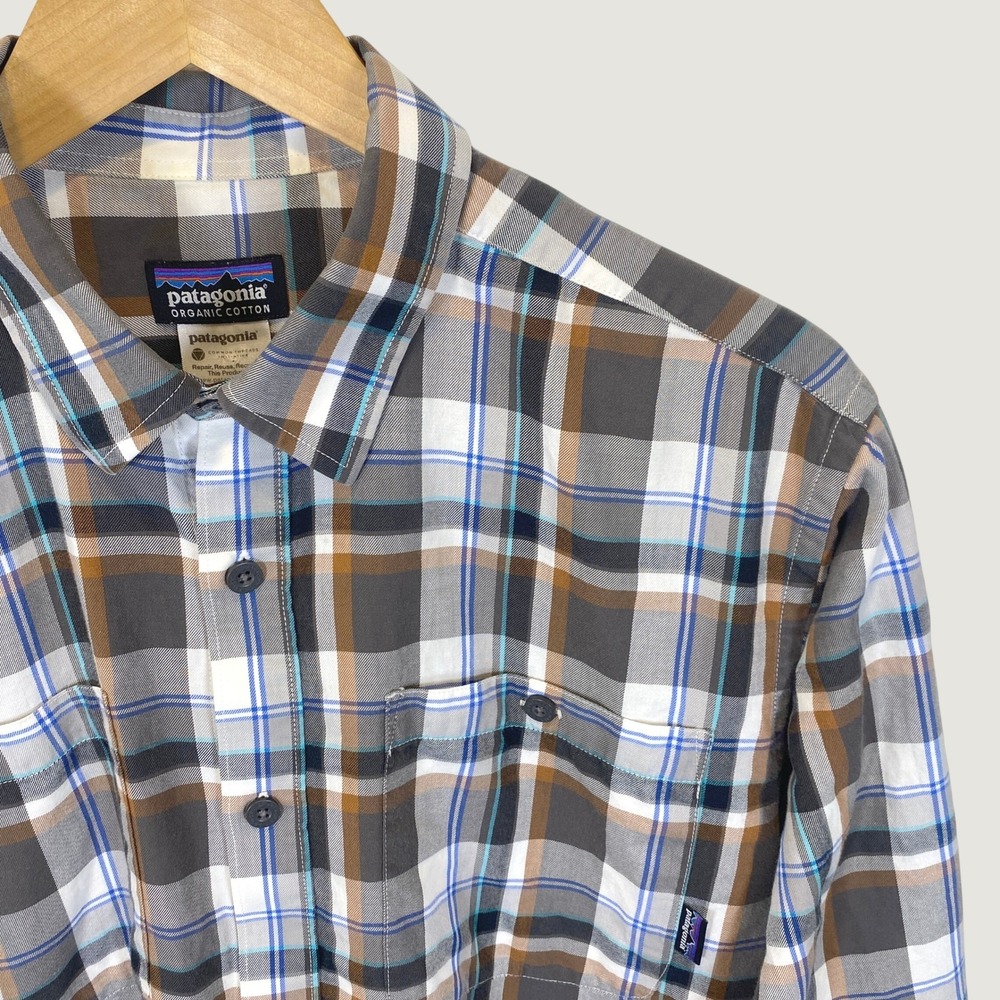 Patagonia Button Up Shirt Mens M Brown Plaid Pima Cotton LS 53837 Excellent